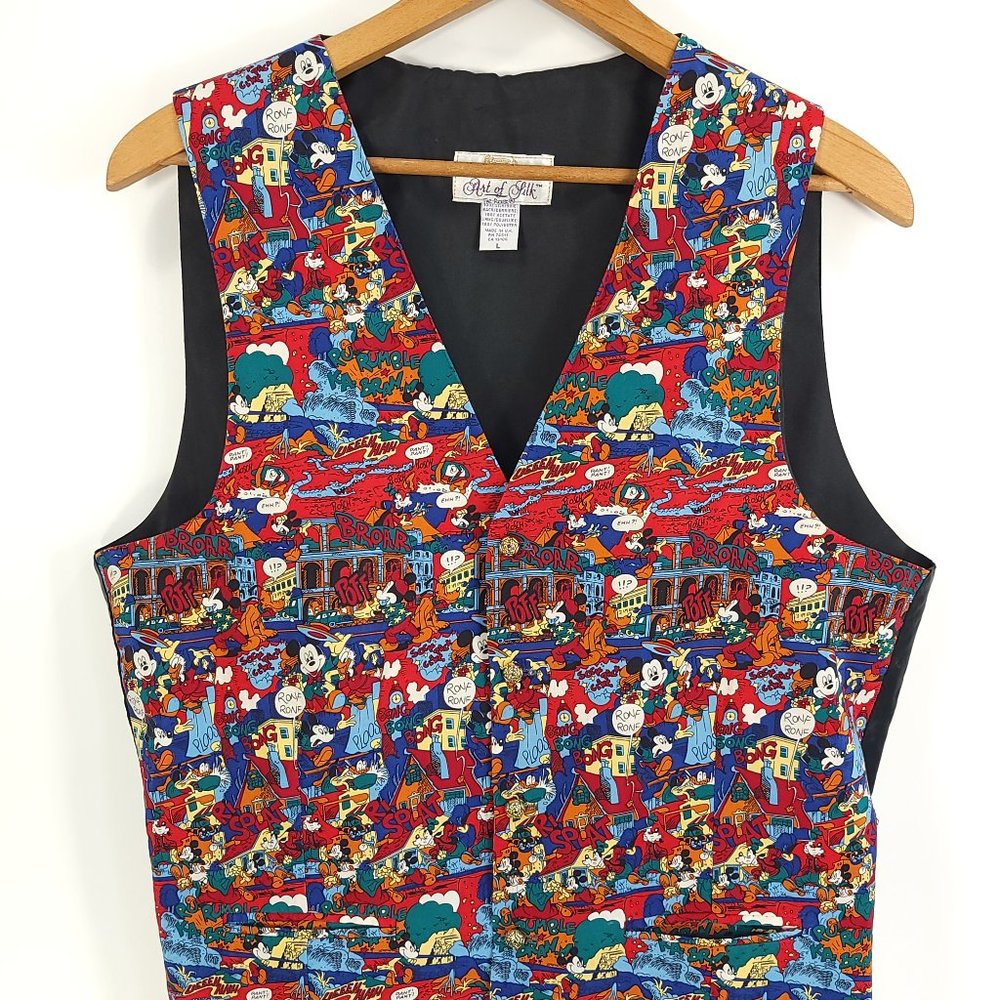 Vtg Disney Vest Women's Large Black Red Mickey Goofy Donald Art Of Silk